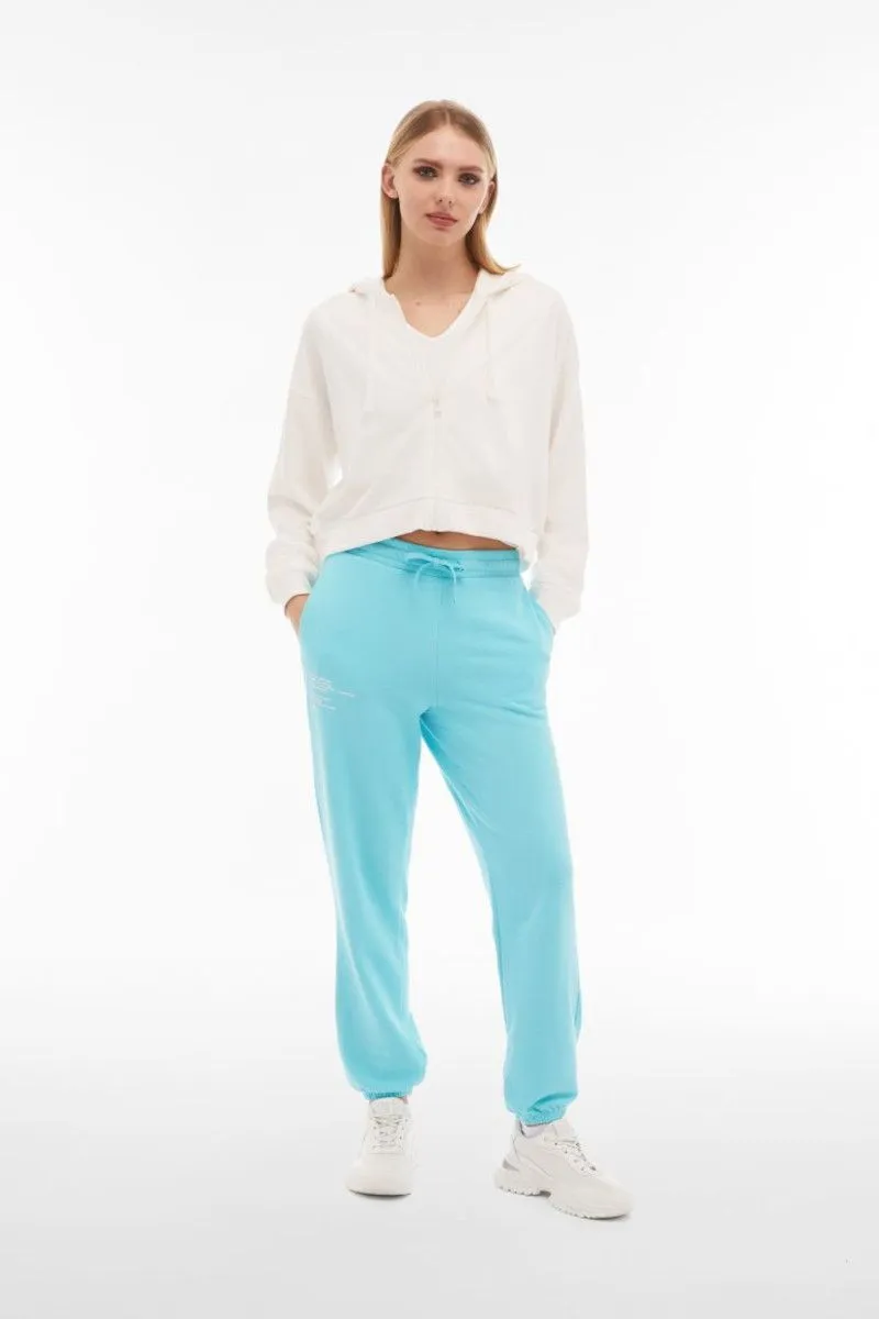 Pantaloni in french terry con stampa sul fianco donna Azzurro