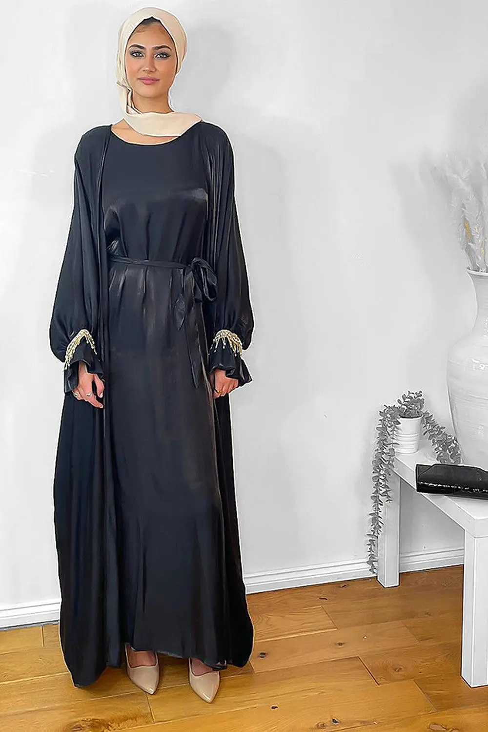 Pearl Embellished Sleeves Shimmer Modest Dress