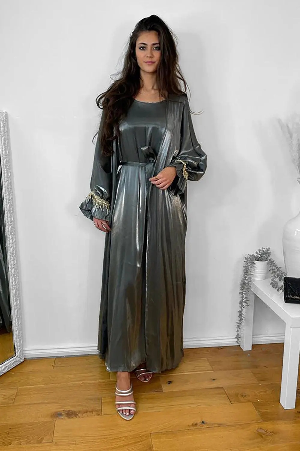 Pearl Embellished Sleeves Shimmer Modest Dress