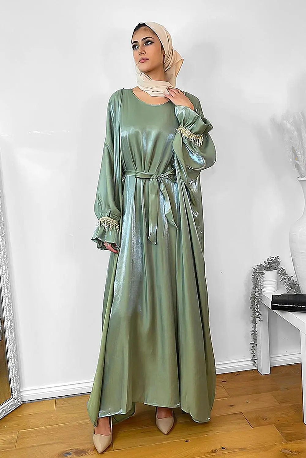 Pearl Embellished Sleeves Shimmer Modest Dress