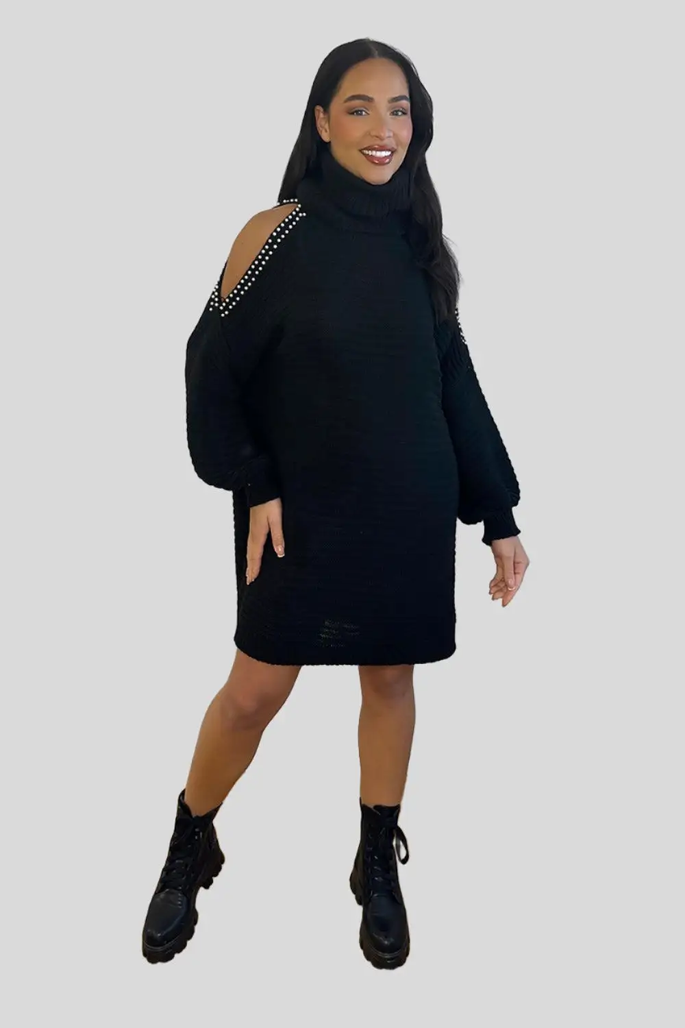 Pearls Embellished Cold Shoulder Belted Knitted Dress