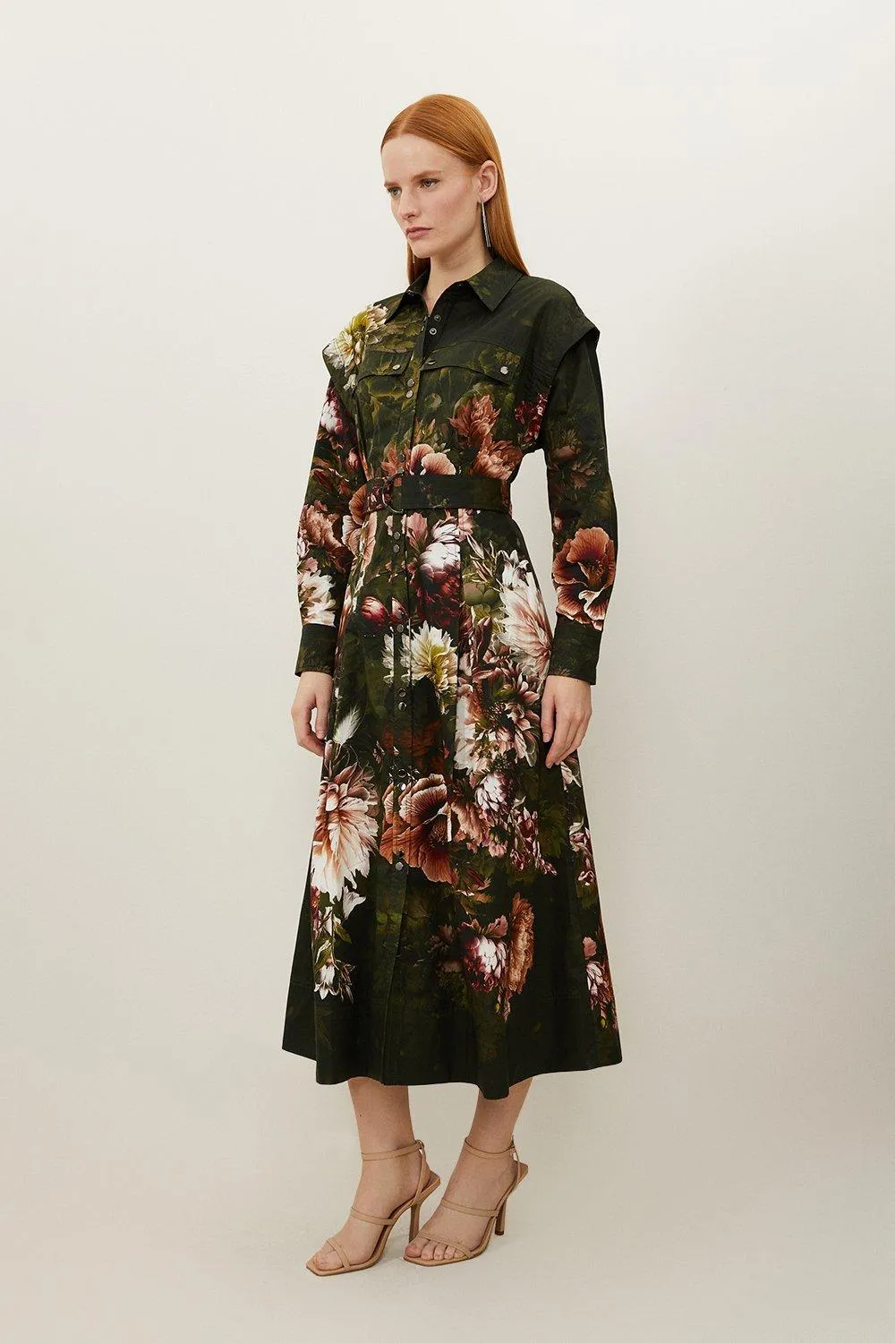 Petite Placed Floral Cotton Sateen Shirt Dress | Karen Millen