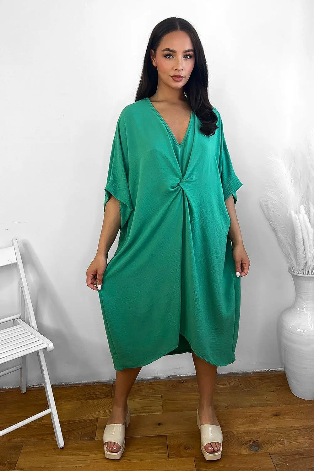 Pinched Front Batwing Midi Dress