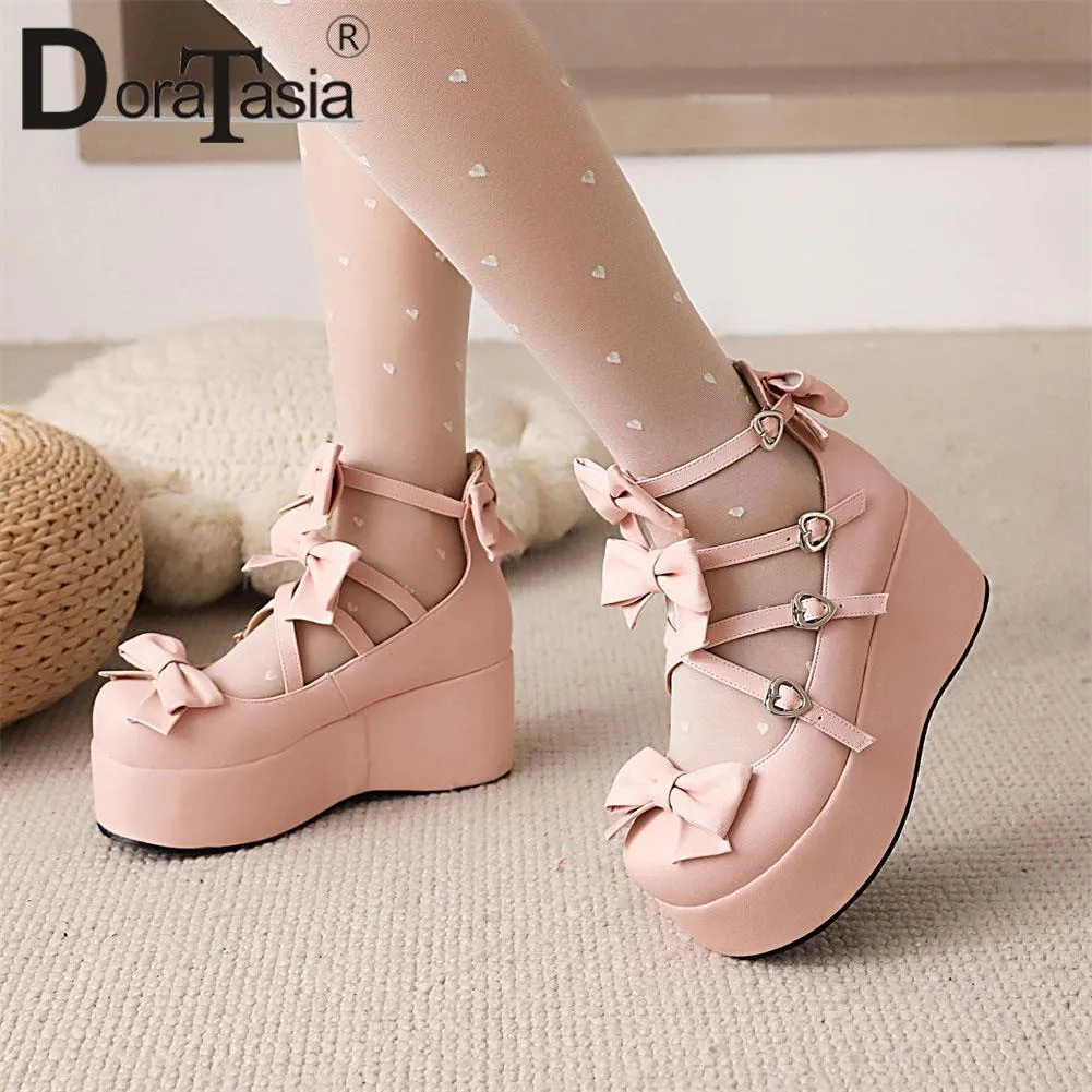 Platform Lolita Pumps Fashion Bow Buckle Wedges High Heels Mary Janes Pumps Sweet Woman Shoes