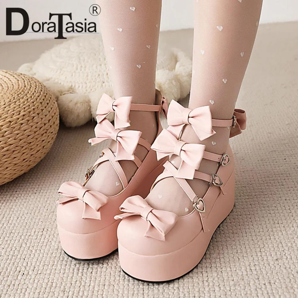 Platform Lolita Pumps Fashion Bow Buckle Wedges High Heels Mary Janes Pumps Sweet Woman Shoes