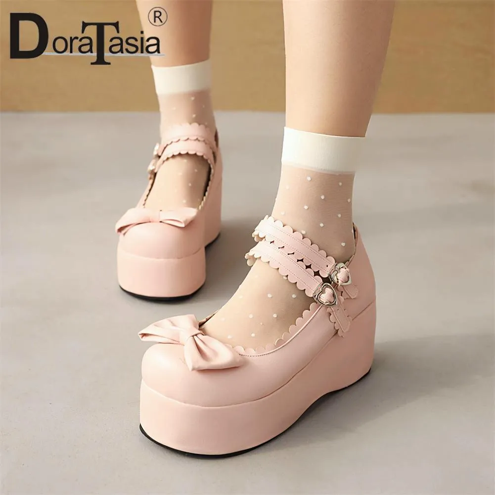 Platform Lolita Pumps Fashion Bow Buckle Wedges High Heels Mary Janes Pumps Sweet Woman Shoes