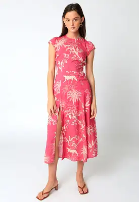 Printed High Neck Dress - Fuchsia White