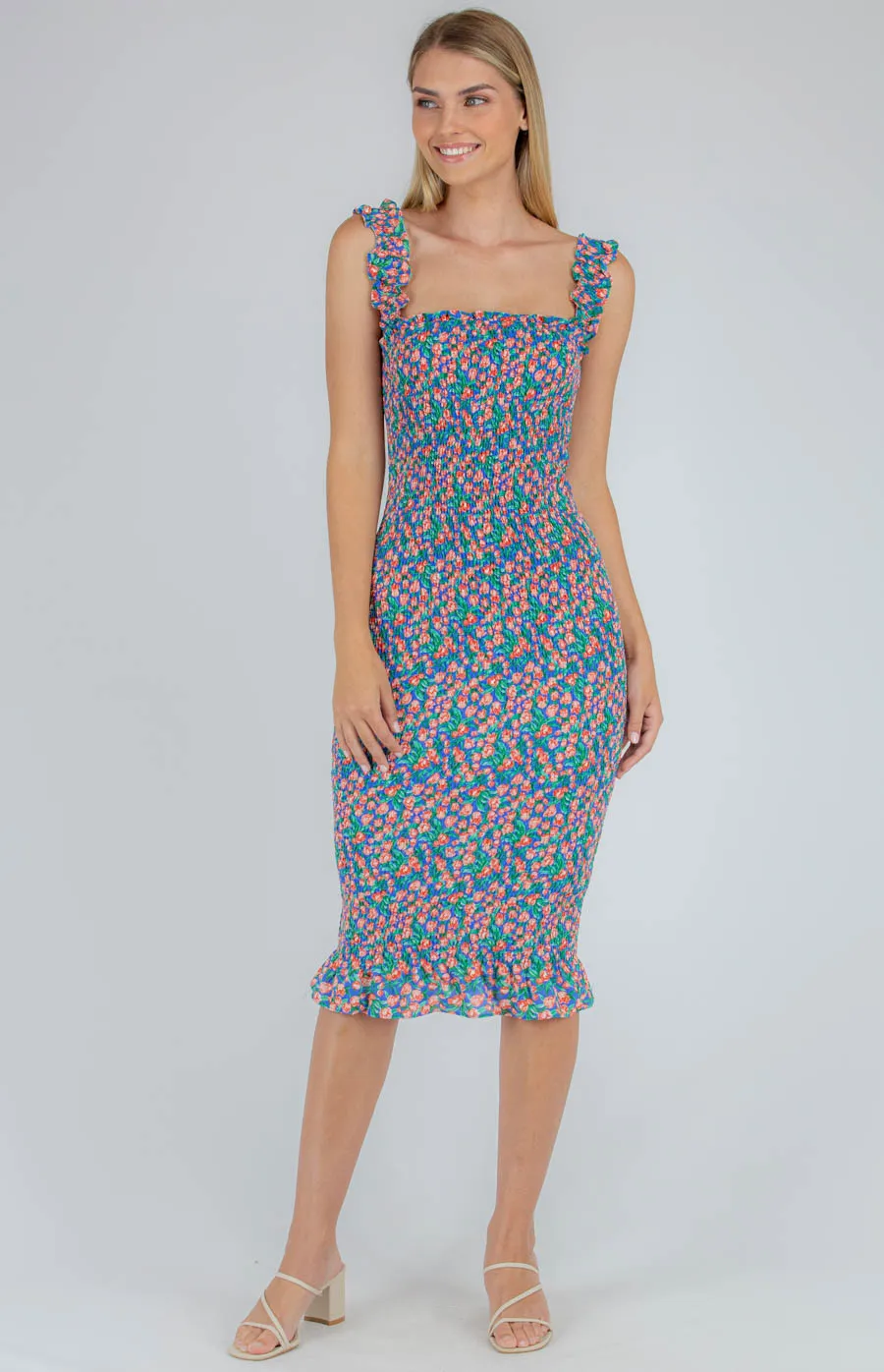 Printed Square Neckline Shirred Frill Dress (WDR268B) 