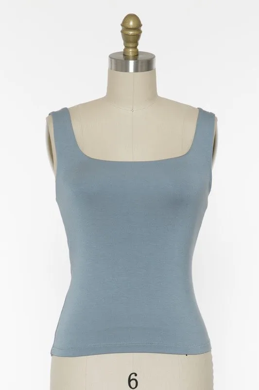 Rayon Tank Top W Square Neckline - Ash Blue