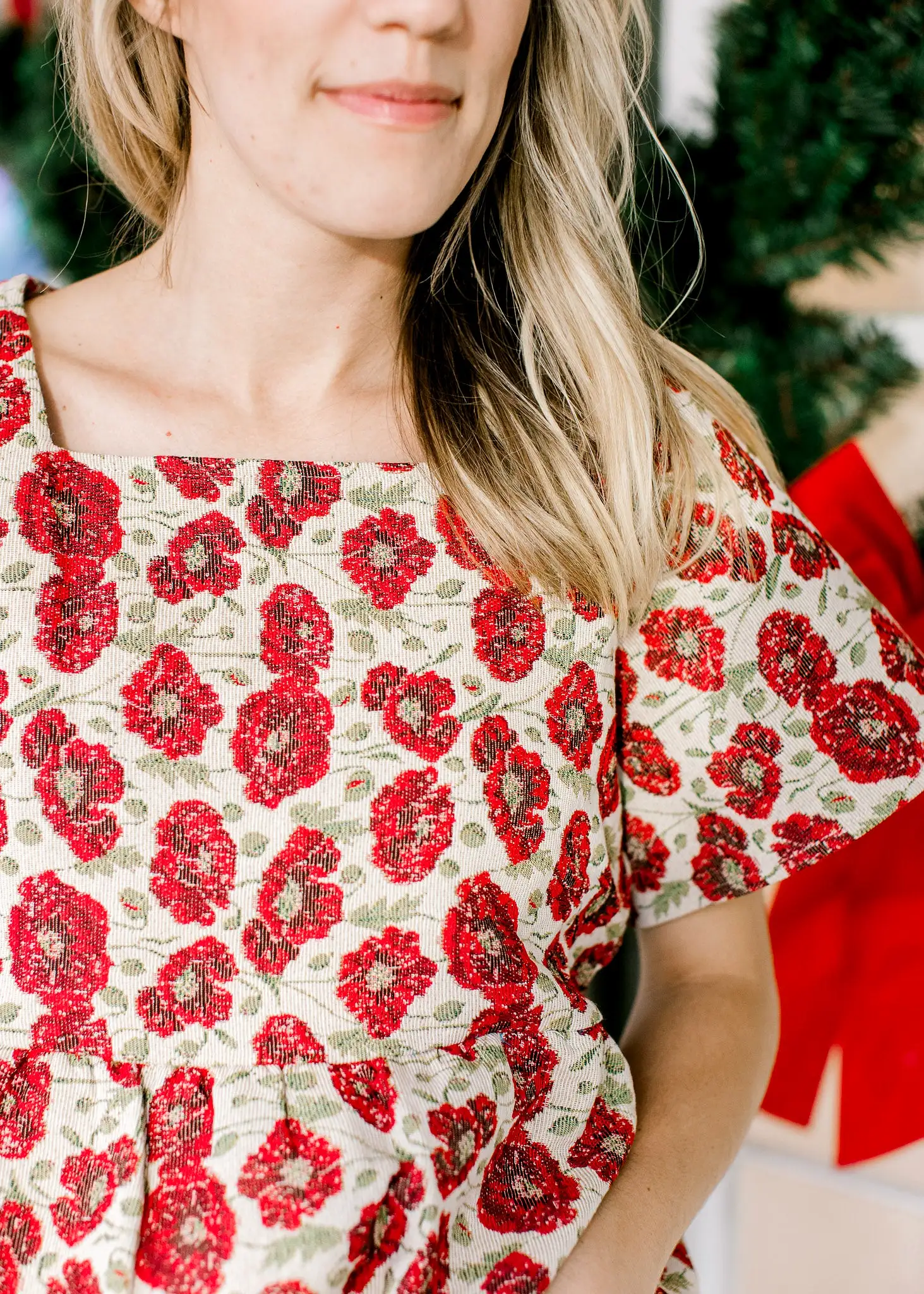 Red Flowers Brocade Top