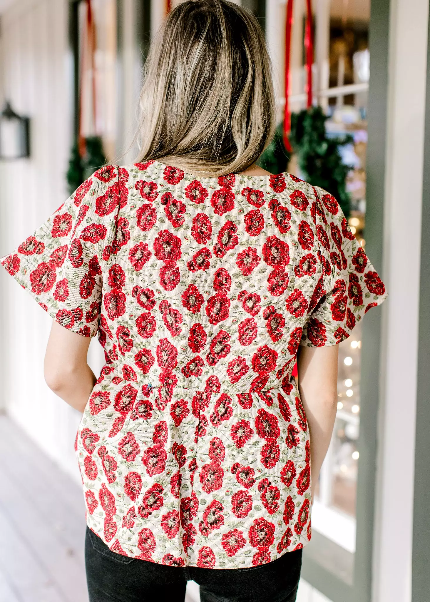 Red Flowers Brocade Top