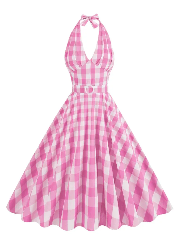 Ruched V-Neck Halter Sexy Women Pink and White Plaid Dress High Waist Party Evening Backless Cotton Vintage 50s Dresses