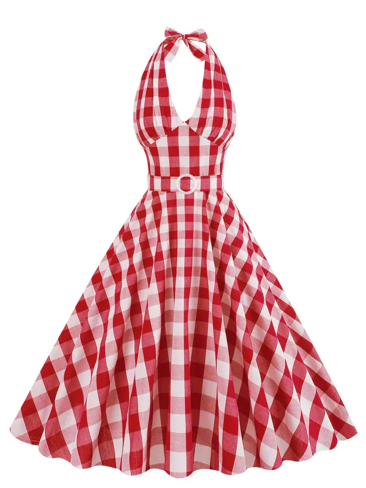 Ruched V-Neck Halter Sexy Women Pink and White Plaid Dress High Waist Party Evening Backless Cotton Vintage 50s Dresses