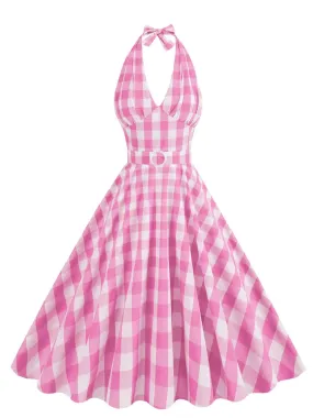 Ruched V-Neck Halter Sexy Women Pink and White Plaid Dress High Waist Party Evening Backless Cotton Vintage 50s Dresses