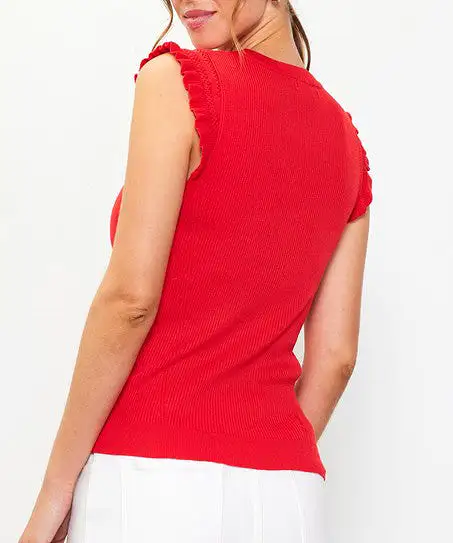 Ruffle Sleeve Knit Top - Poppy Red