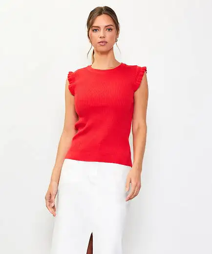 Ruffle Sleeve Knit Top - Poppy Red