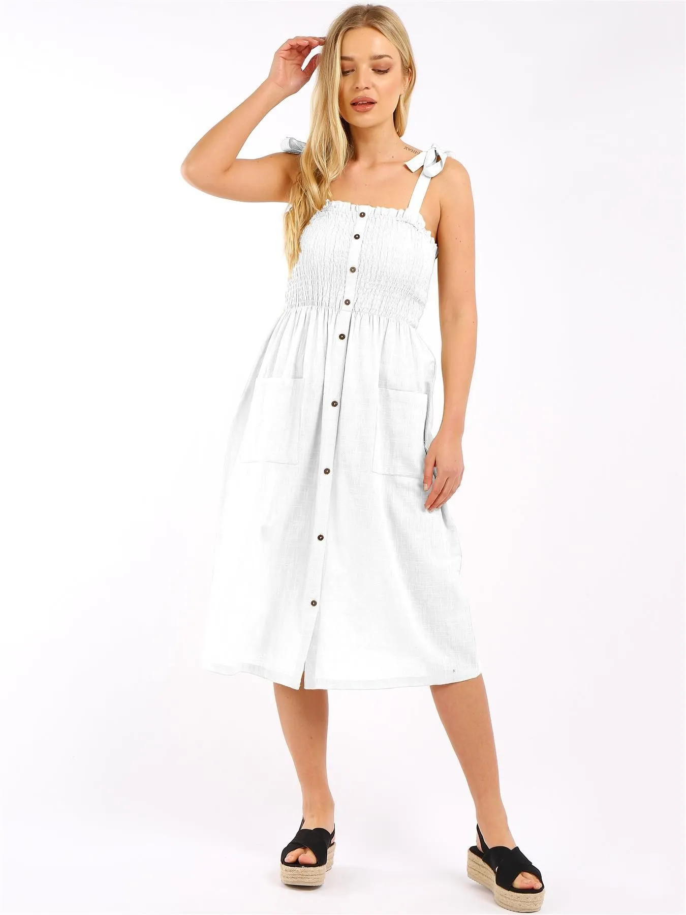 Shirred Bust Lightweight Summer Dresses, Black, White, Beige, UK Sizes to 14