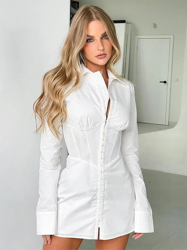 Shirt Dresses White Turndown Collar Pleated Long Sleeves Polyester Irregular Dresses Mini Dresses