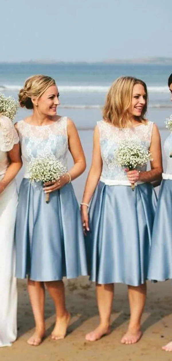 Short Summer Beach Junior Pretty Blue Satin White Lace Sleeveless Scoop Neck Bridesmaid Dresses, WG181