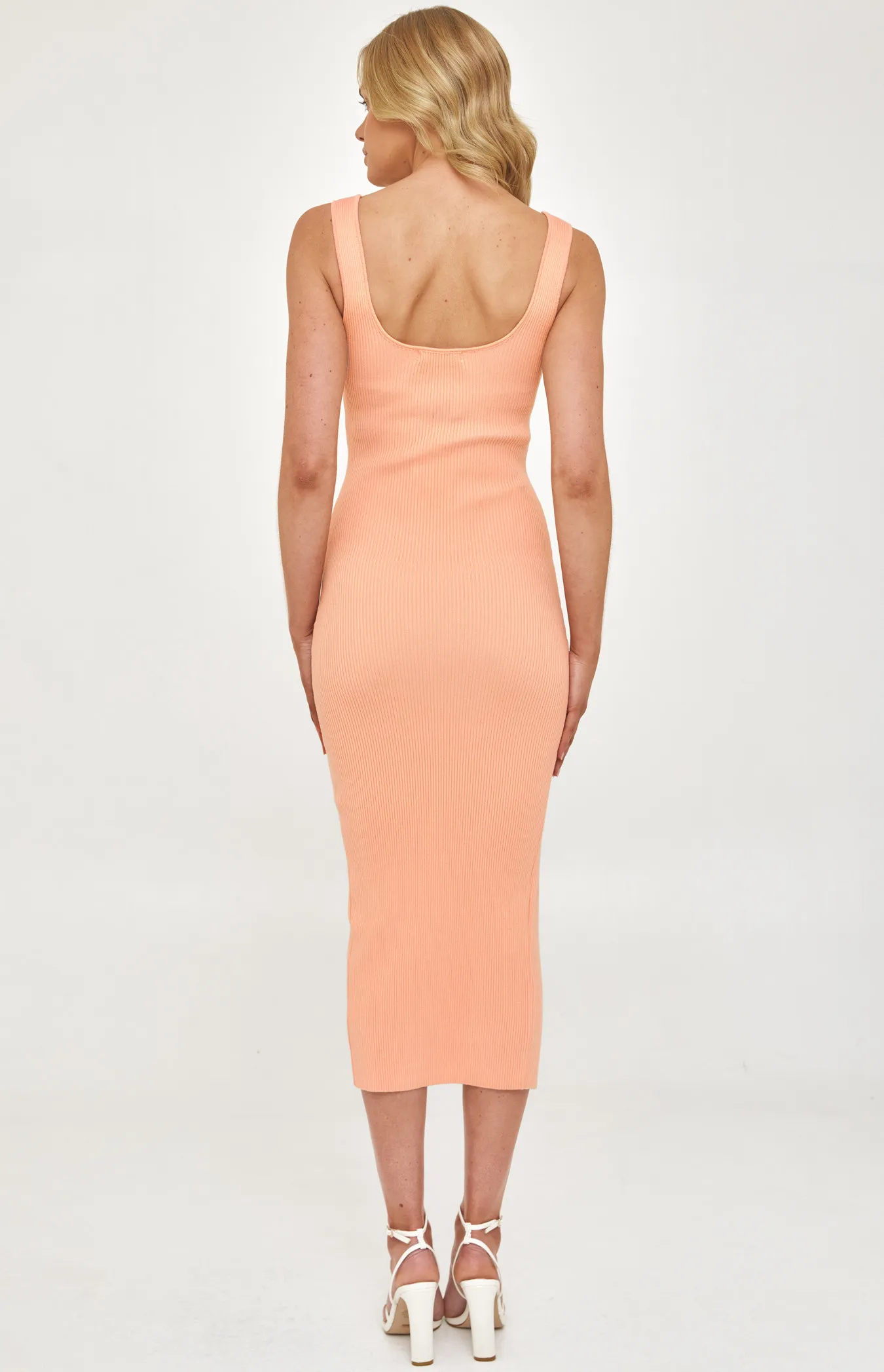 Square Neckline Fitted Knit Midi Dress with Split (SKN446)