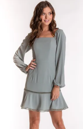 Square Neckline Long Sleeve Dress with Trim Details (SDR549A) 