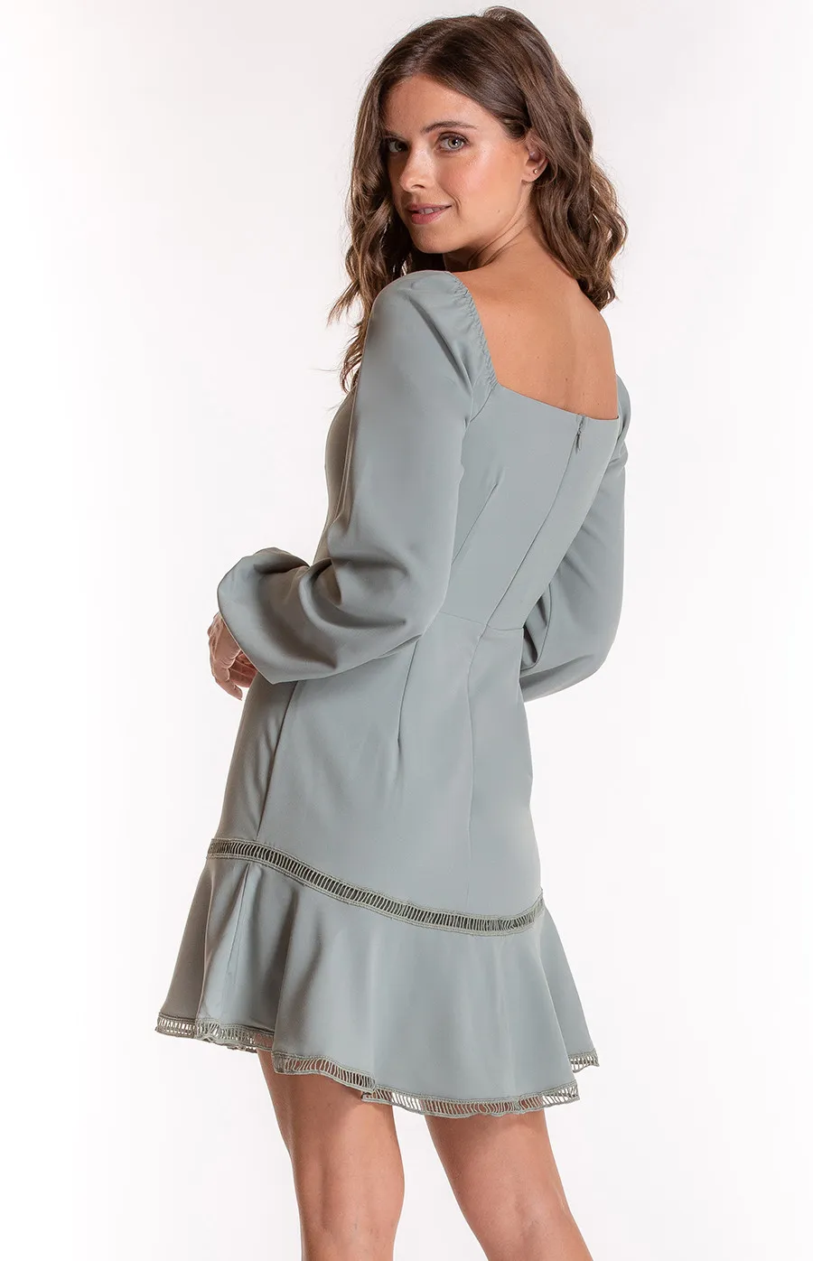 Square Neckline Long Sleeve Dress with Trim Details (SDR549A) 