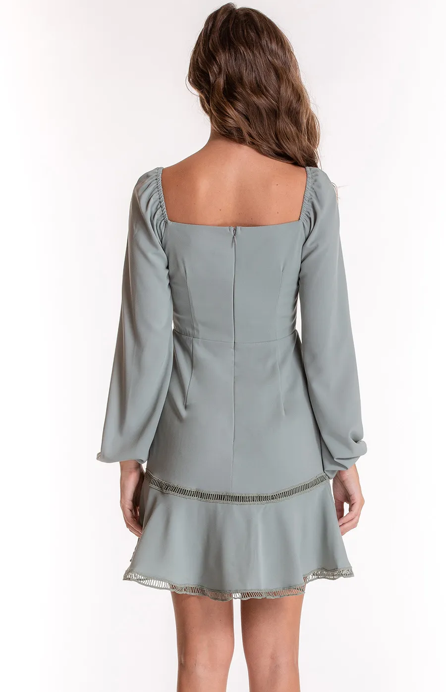 Square Neckline Long Sleeve Dress with Trim Details (SDR549A) 