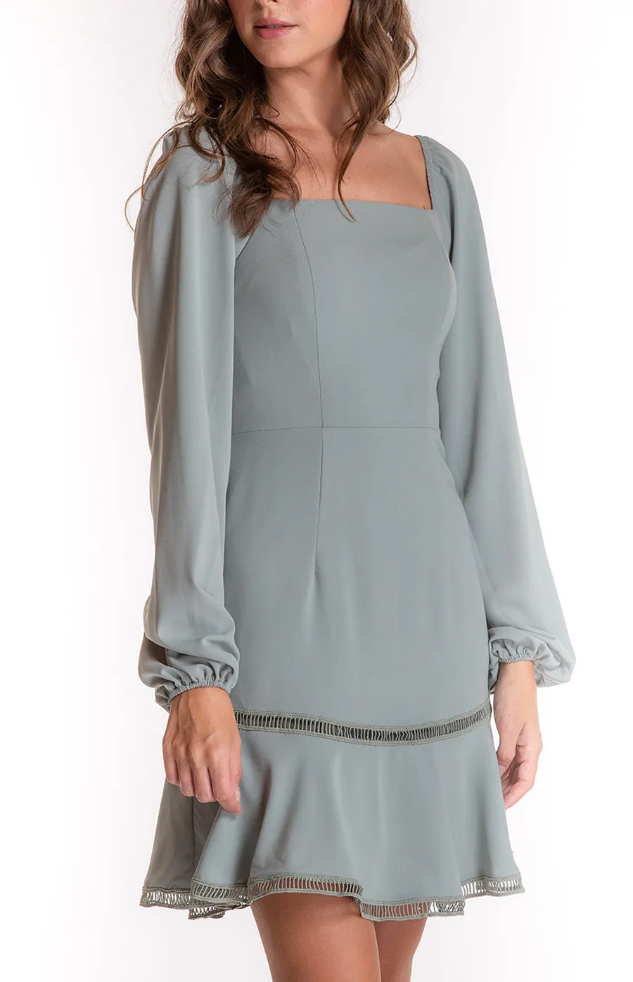 Square Neckline Long Sleeve Dress with Trim Details (SDR549A) 