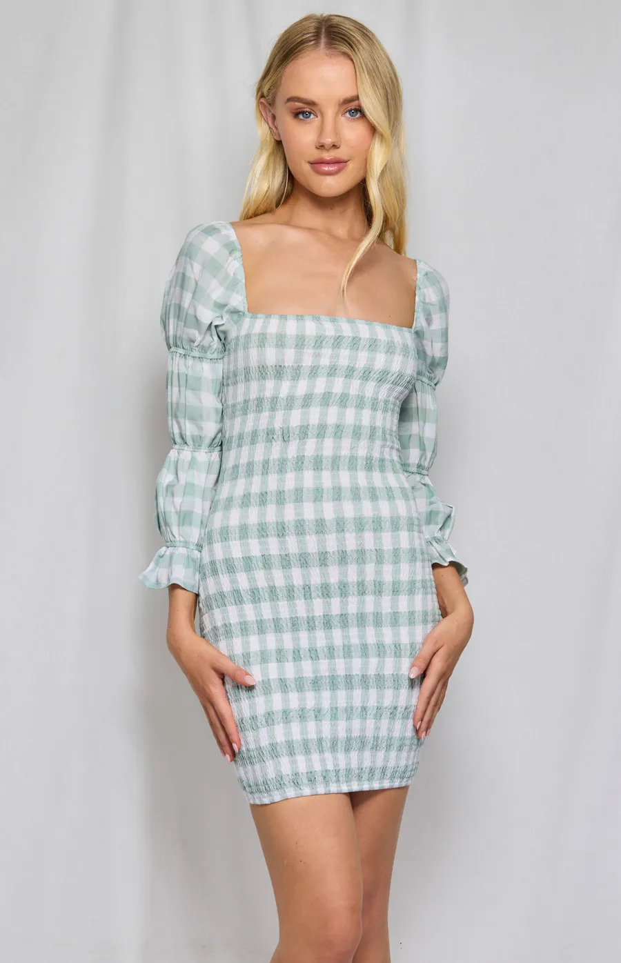 Square Neckline Tiered Bubble Sleeve Shirred Dress (WDR313A)