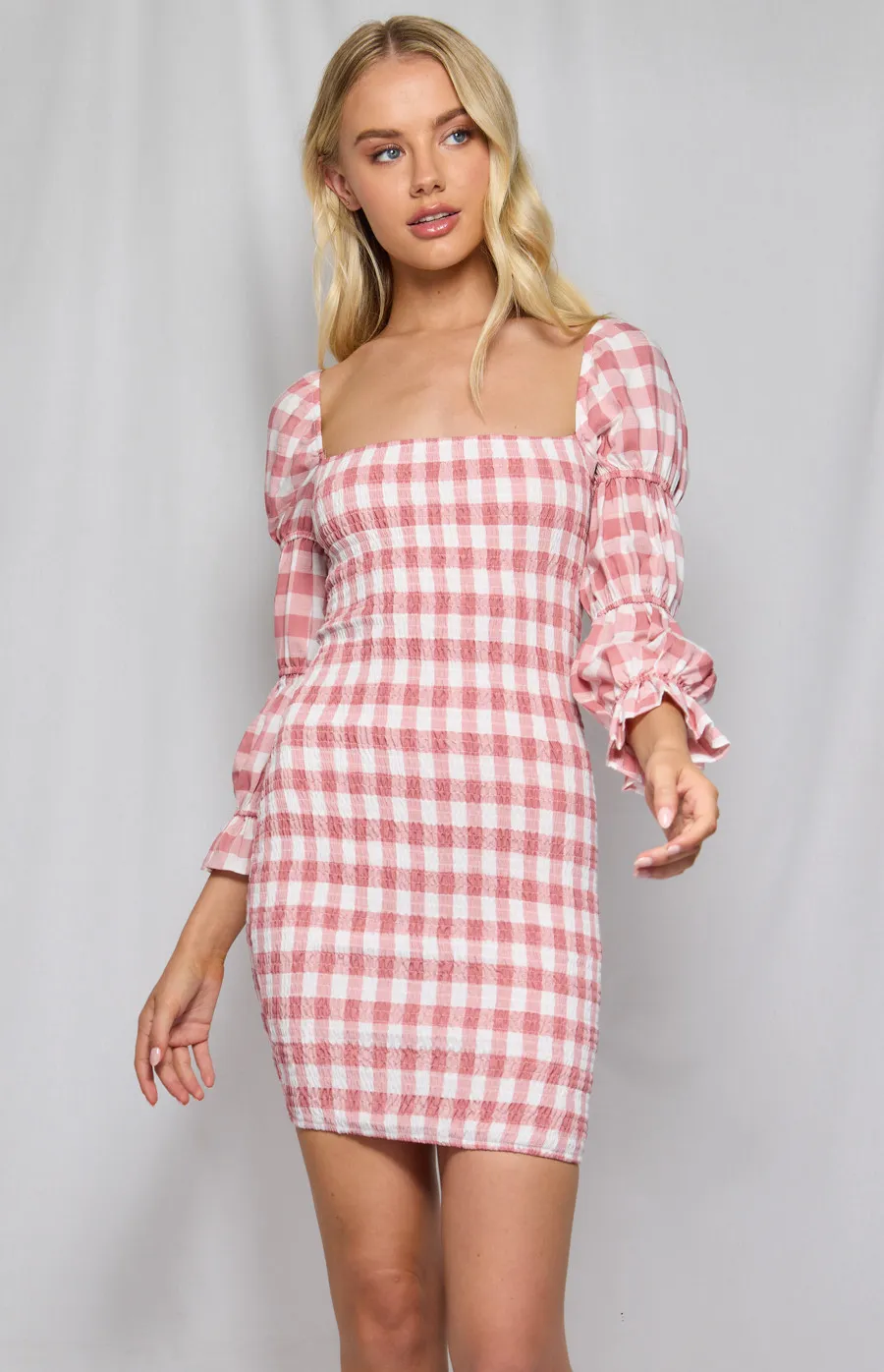 Square Neckline Tiered Bubble Sleeve Shirred Dress (WDR313A)