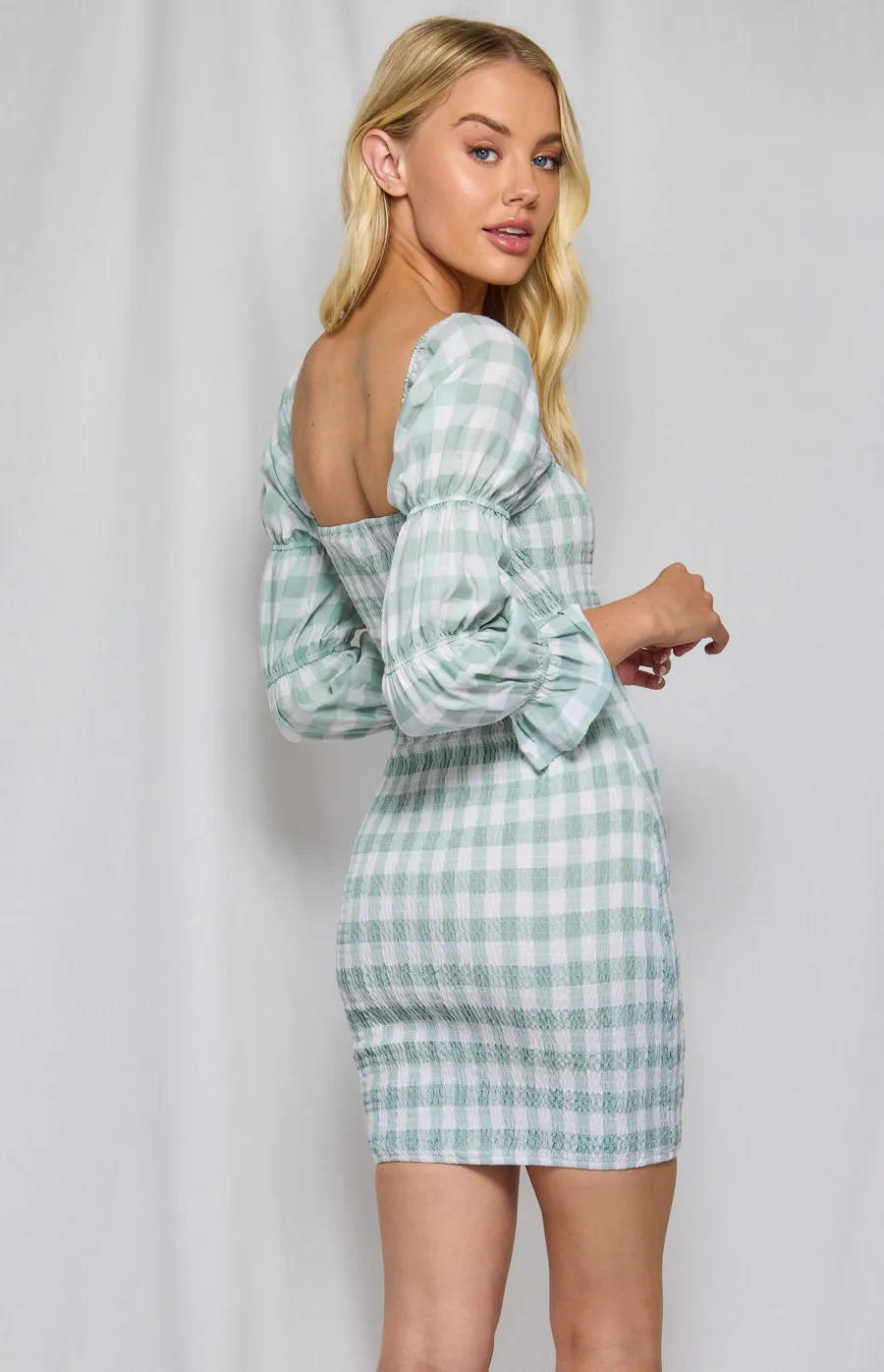 Square Neckline Tiered Bubble Sleeve Shirred Dress (WDR313A)