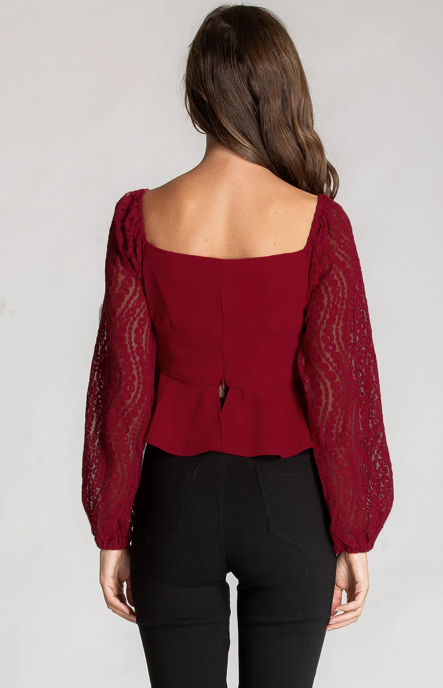 Square Neckline Top with Contrast Lace Sleeves (ATO840B)