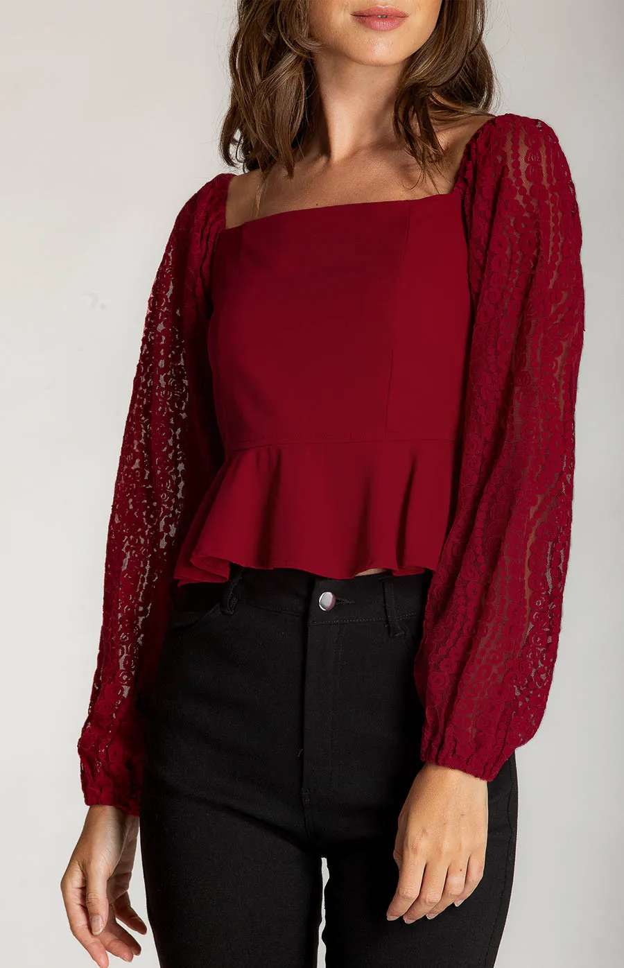 Square Neckline Top with Contrast Lace Sleeves (ATO840B)