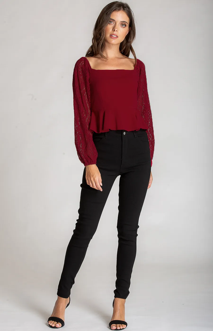 Square Neckline Top with Contrast Lace Sleeves (ATO840B)