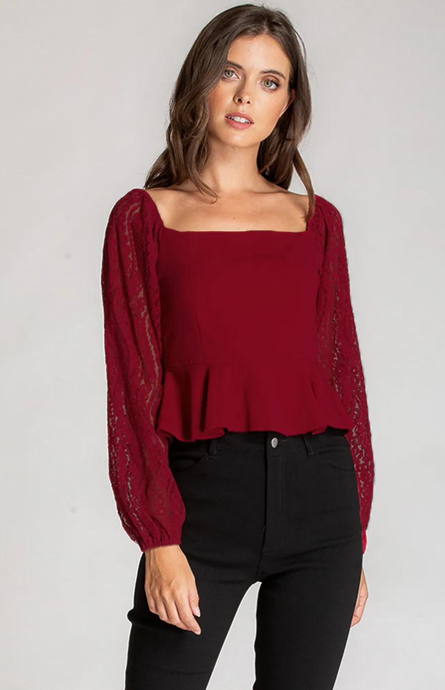 Square Neckline Top with Contrast Lace Sleeves (ATO840B)