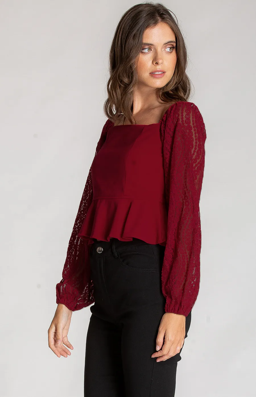 Square Neckline Top with Contrast Lace Sleeves (ATO840B)