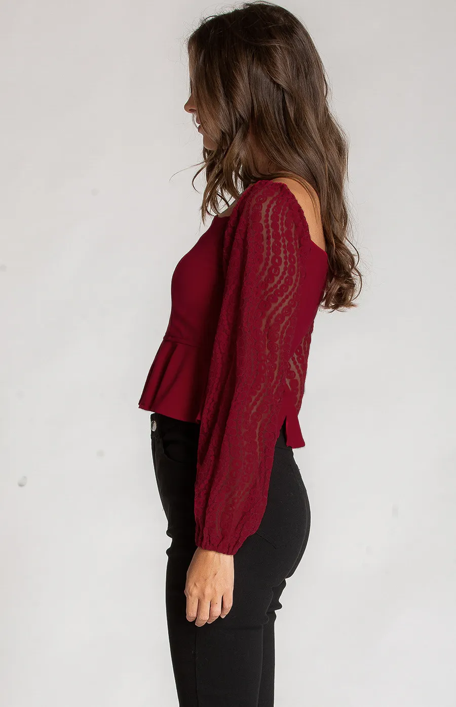 Square Neckline Top with Contrast Lace Sleeves (ATO840B)