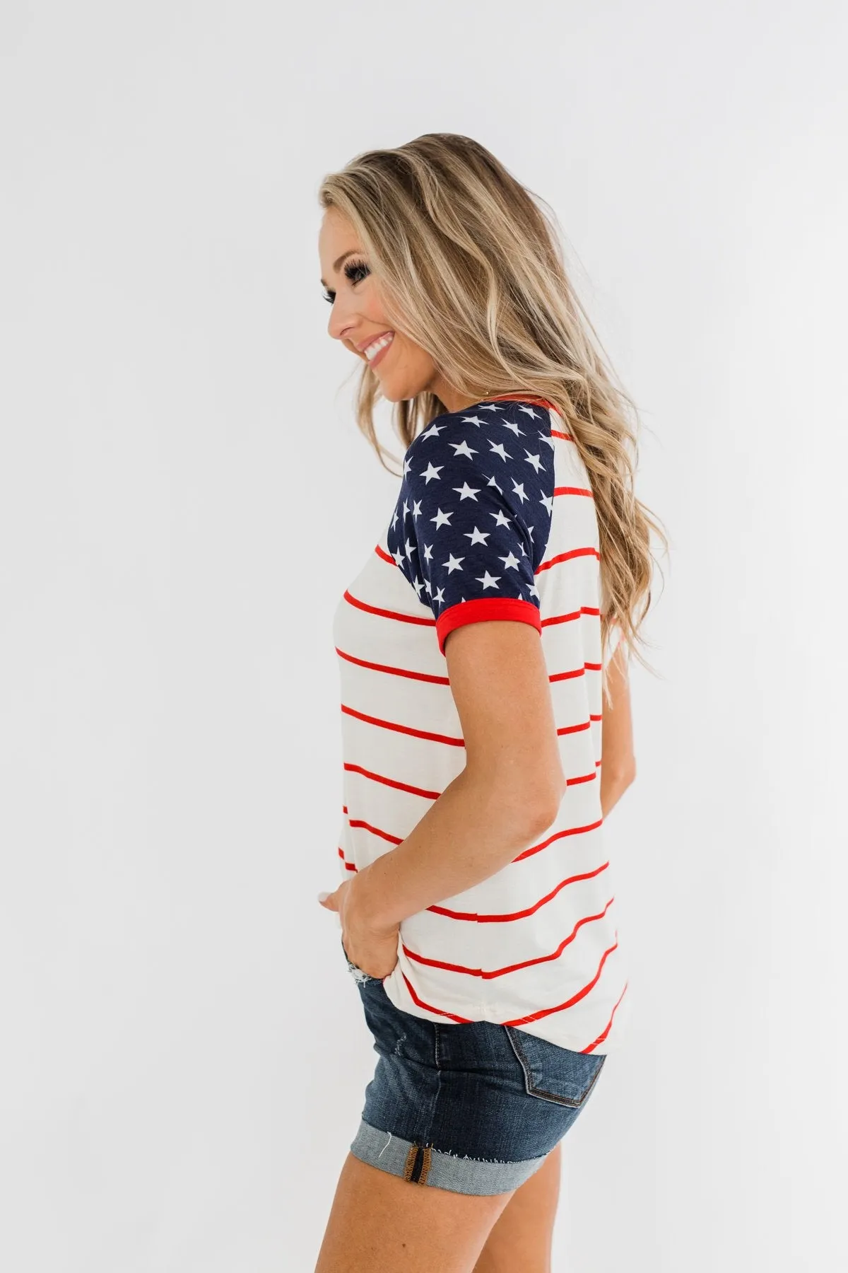 Stars & Stripes Short Sleeve Raglan Top- Red, Ivory, & Navy