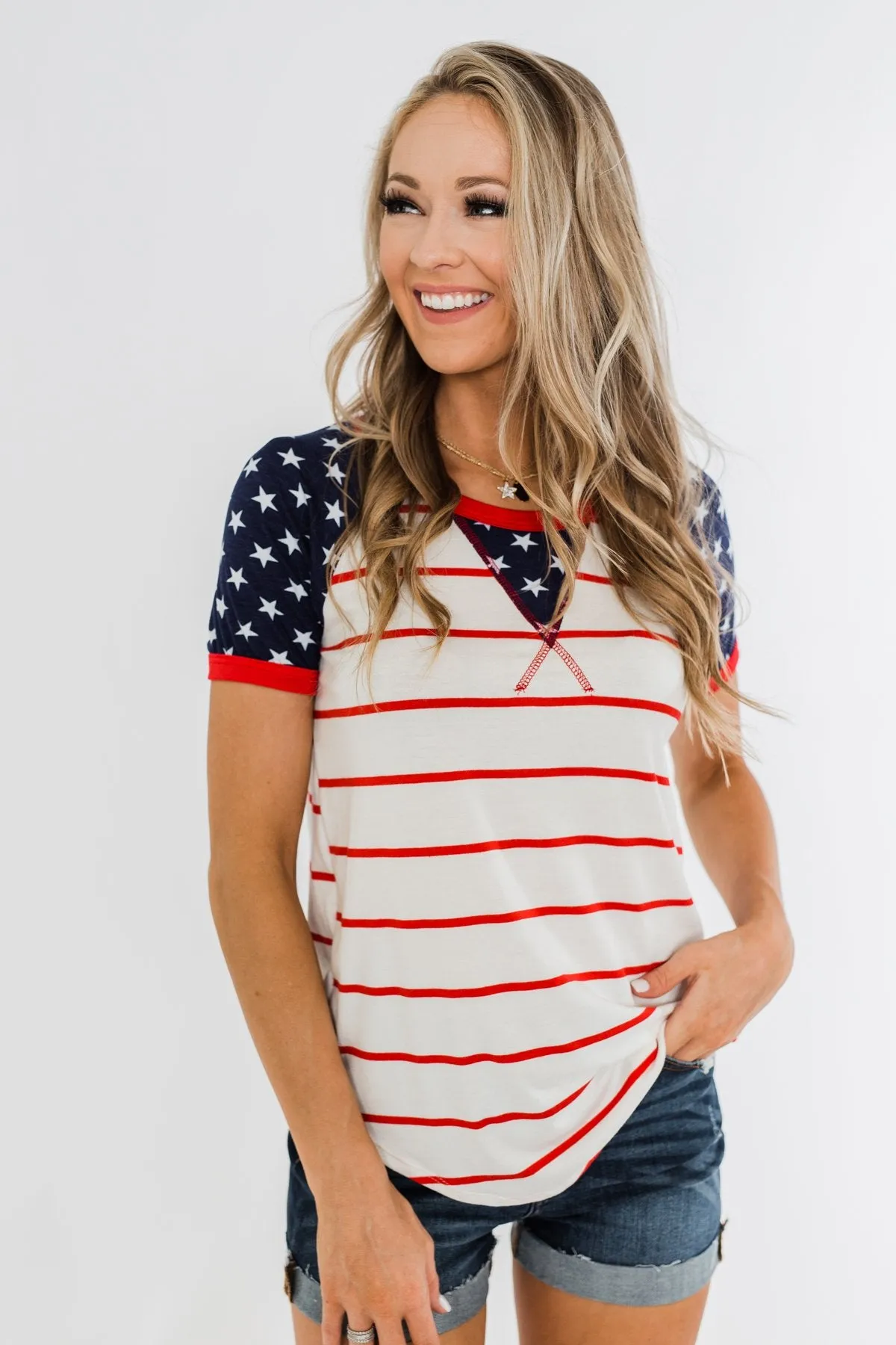 Stars & Stripes Short Sleeve Raglan Top- Red, Ivory, & Navy