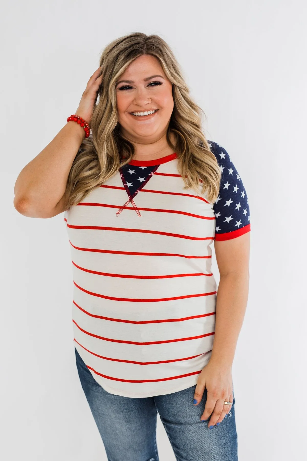 Stars & Stripes Short Sleeve Raglan Top- Red, Ivory, & Navy