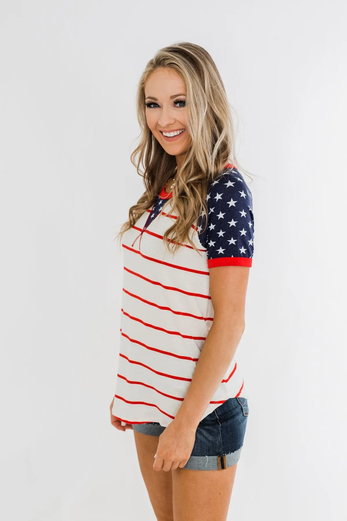 Stars & Stripes Short Sleeve Raglan Top- Red, Ivory, & Navy