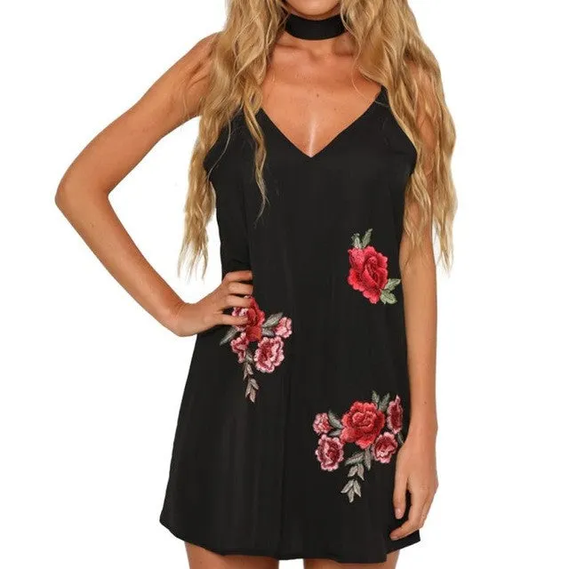 Summmer  New Dress Women Sexy Appliques Rose Print Sleeveless Strap Camisole Swing Mini Dress Women Vestidos #63 GS