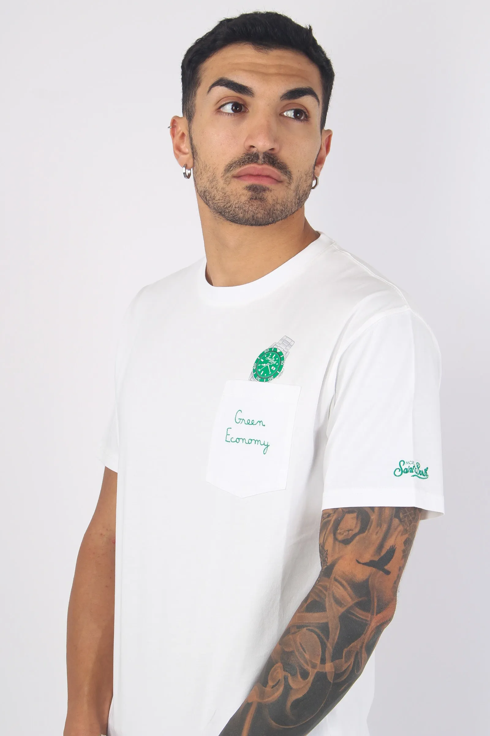 T-shirt Watch Green Bianco