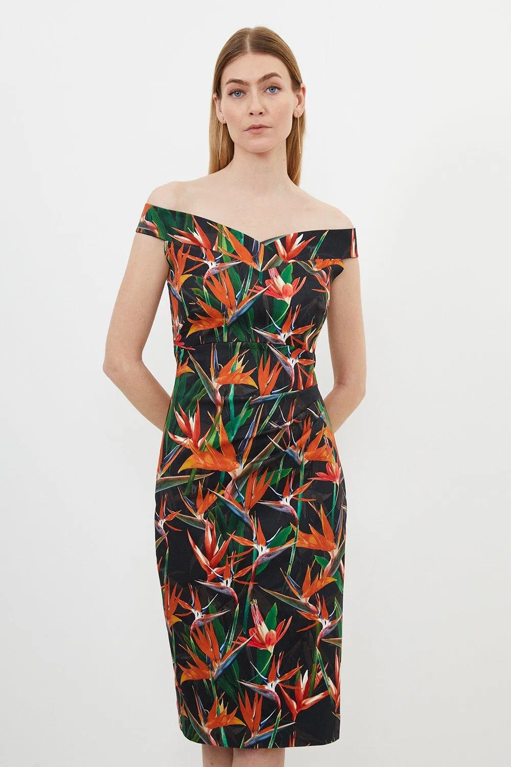 Tailored Tropical Lily Print Cotton Sateen Bardot Midi Dress | Karen Millen