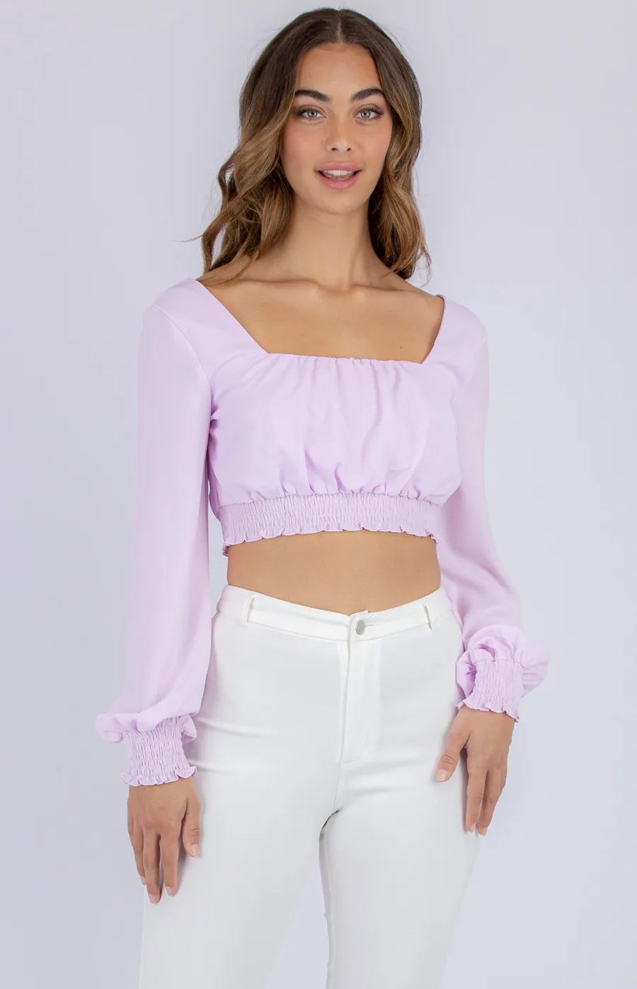 Textured Long Sleeve Square Neckline Crop (STO470A)