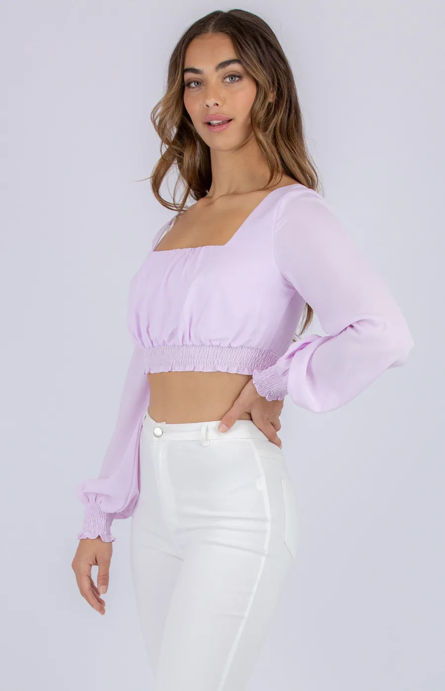 Textured Long Sleeve Square Neckline Crop (STO470A)