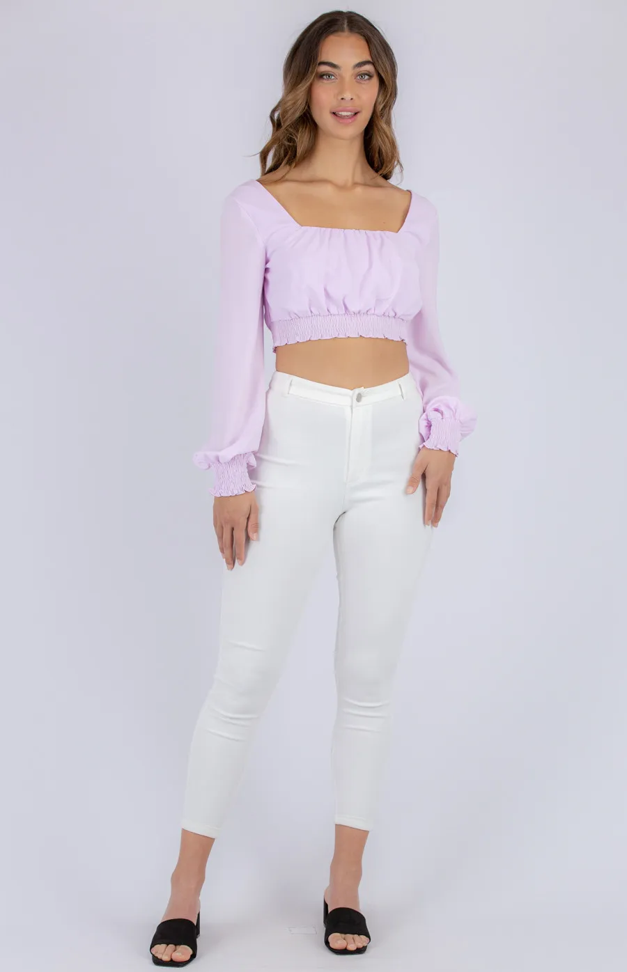 Textured Long Sleeve Square Neckline Crop (STO470A)