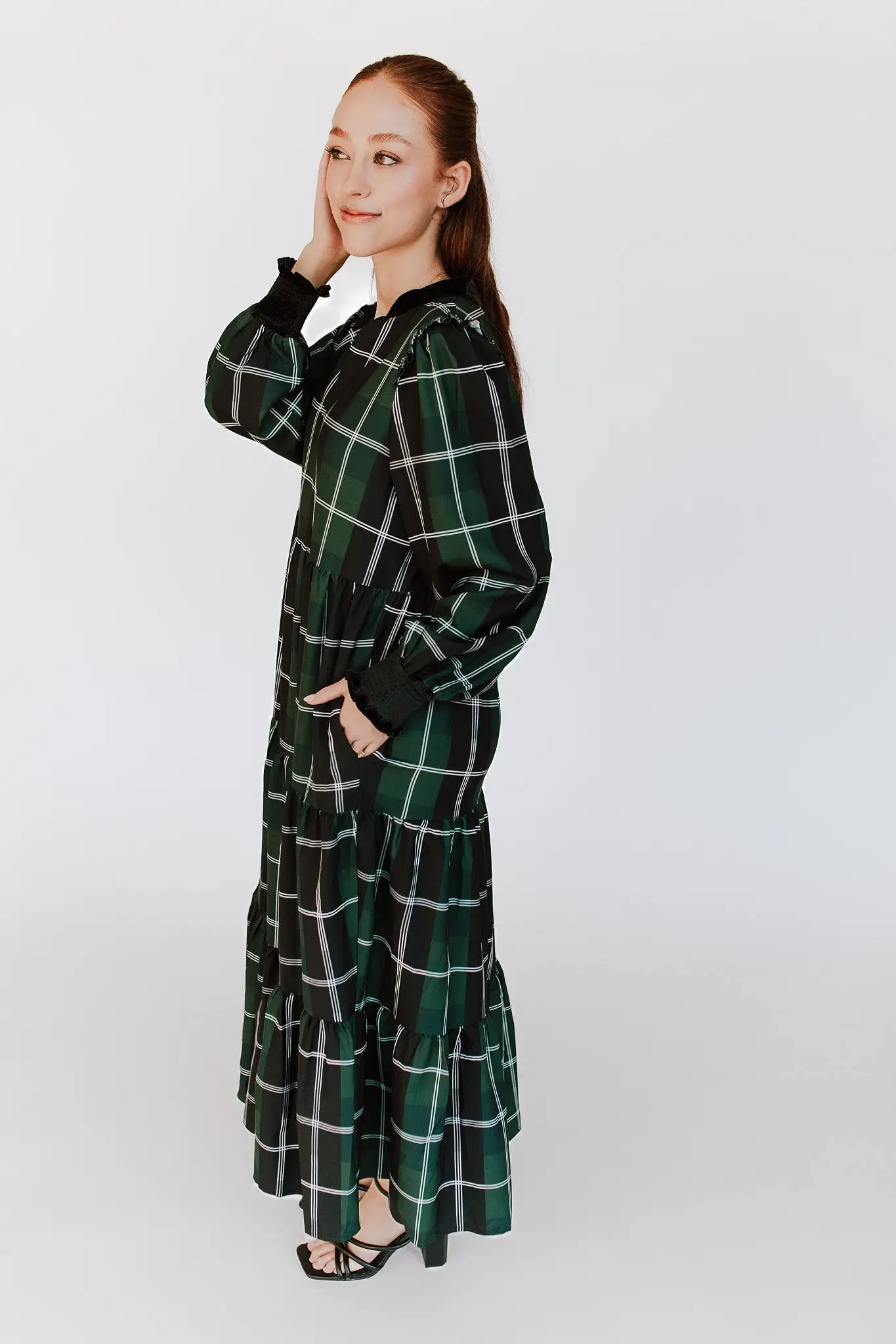 The Daylon Plaid Midi Dress in Emerald + White