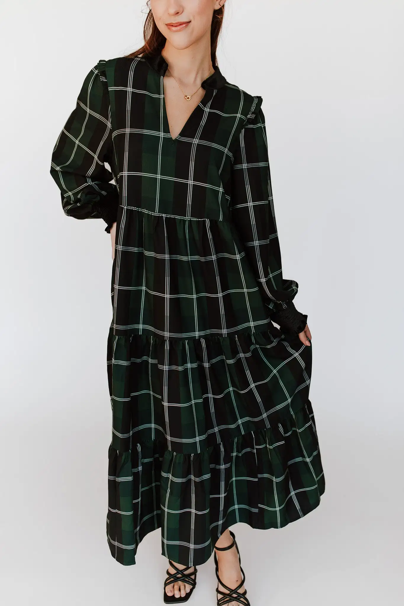 The Daylon Plaid Midi Dress in Emerald + White