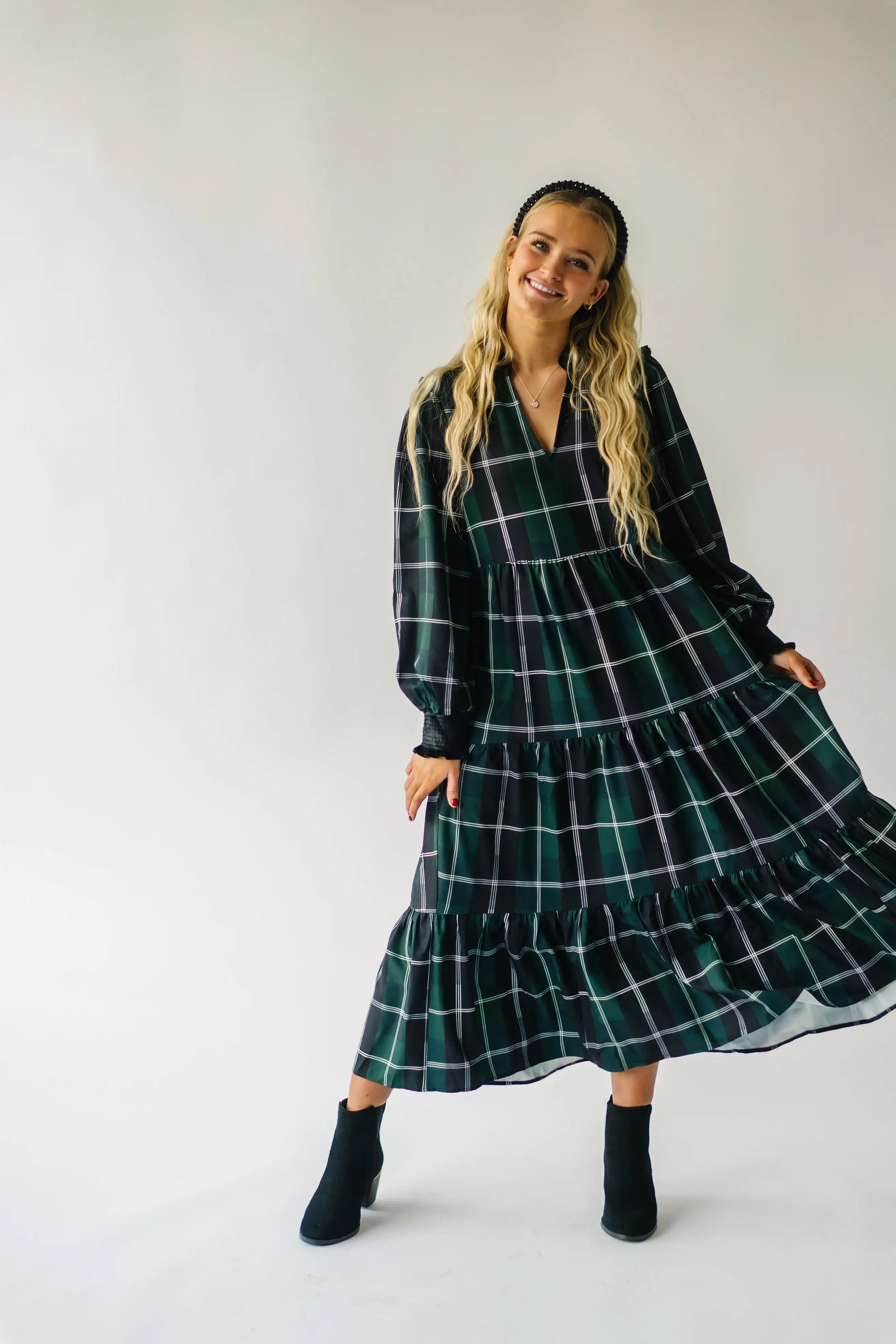 The Daylon Plaid Midi Dress in Emerald + White